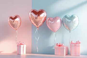 Glossy heart-shaped balloons with matching gift boxes, elegant Valentine's Day composition
