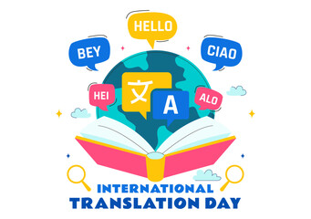 International Translator or Translation Language Day Illustration with Hello Greetings from Different Countries and Multilingual Global Communication © denayune