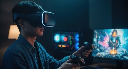 Asian male teen experiencing virtual reality gaming in a high-tech setup