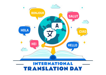 International Translator or Translation Language Day Illustration with Hello Greetings from Different Countries and Multilingual Global Communication © denayune