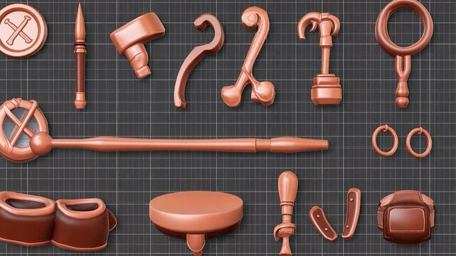 Assorted 3D model objects in copper color on a grid