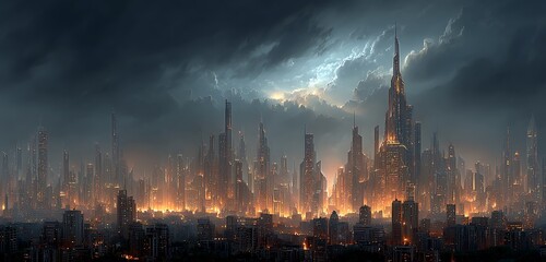 Fototapeta premium Dark futuristic skyline breathing in sync with human thought rhythms