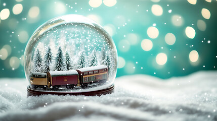 A magical snow globe containing a detailed toy train moving through a snowy forest, snowfall inside captured mid-spin, soft teal and white bokeh glow behind