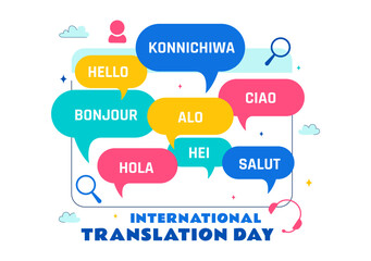 International Translator or Translation Language Day Illustration with Hello Greetings from Different Countries and Multilingual Global Communication © denayune