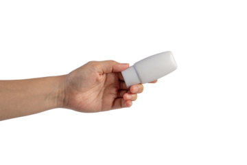 Skin care or sunscreen cosmetic and hand on transparent background.