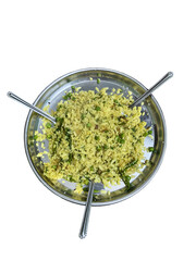 "Traditional Indian Poha Breakfast on Vibrant Magenta Fabric" 