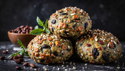 Nutritious seed-laden breads on black surface, wholesome baking
