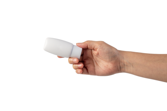 Skin care or sunscreen cosmetic and hand on transparent background.