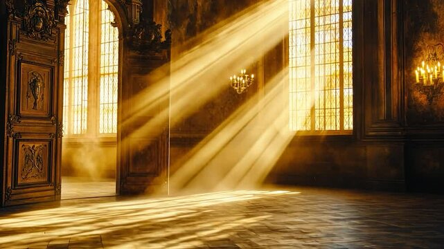 Sunbeams fill a grand, ornate hall