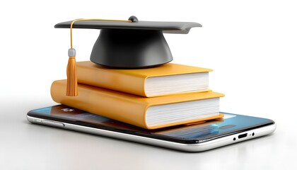 3D Stack of book, tablet and graduation cap on white background