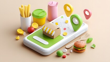 3D mobile phone with delivery food element. Food delivery concept