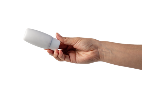 Skin care or sunscreen cosmetic and hand on transparent background.