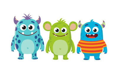 A vibrant set of three cheerful and whimsical cartoon monster characters with distinct colors and patterns.


