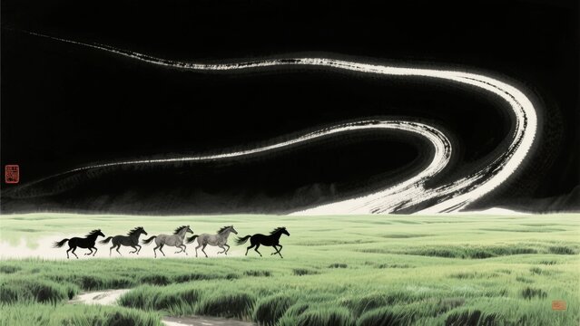 Horses galloping across a grassy field under a night sky with a luminous, winding path.