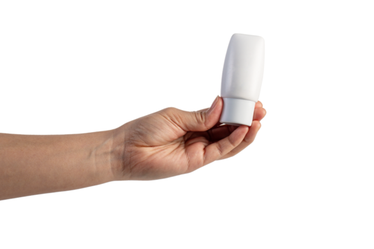 Skin care or sunscreen cosmetic and hand on transparent background. - Powered by Adobe