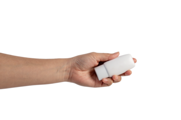 Skin care or sunscreen cosmetic and hand on transparent background.