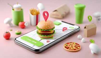 3D mobile phone with delivery food element. Food delivery concept