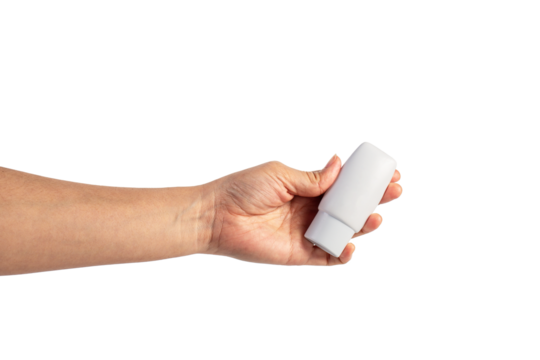 Skin care or sunscreen cosmetic and hand on transparent background.