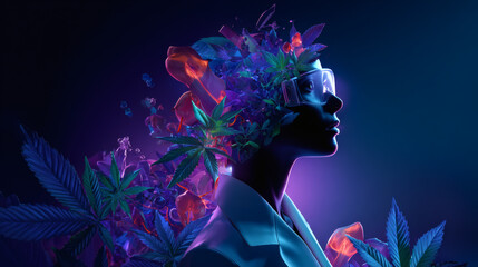 A futuristic woman wearing augmented reality goggles blends with vibrant plants and neon lights in a surreal, digital nature-inspired environment.
