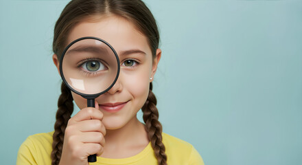 Smiling girl with braided hair holding magnifying glass over eye against light blue background. Scientific investigation and discovery for elementary education programs