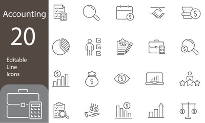 Accounting Editable Line Icons Set. invoice, tax return, accounting, auditing, inspection and more. Accounting icons for web and mobile app. Vector illustration