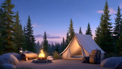 3D Mountain with a camping tent. Travel concept