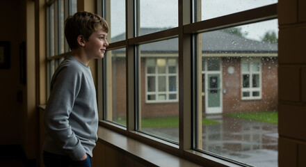 Thoughtful boy looking out rainy window in school corridor. Weather observation and seasonal learning concept for educational activities