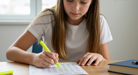 Concentrated teenage girl with long blonde hair highlighting text with yellow marker on paper. Student for study skills homework and exam preparation