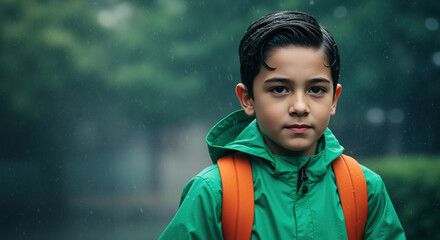 Serious boy in green raincoat with orange backpack standing in rain outdoors. Student for weather protection and back to school preparation campaigns