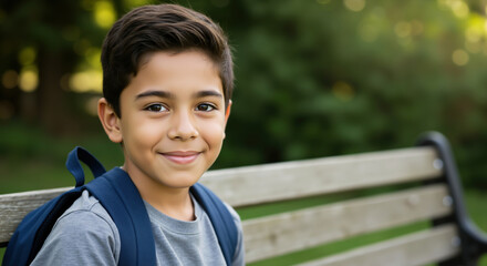 Smiling boy with blue backpack sitting on park bench outdoors. Student relaxation and outdoor education for elementary school programs