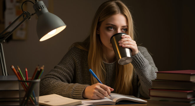 Focused teenage girl with long blonde hair drinking from mug while studying with pen and books under desk lamp. Student for late night study sessions