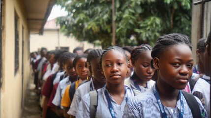 Obraz premium Group of schoolgirls in uniform standing in line outdoors, waiting calmly with backpacks, captured in natural daylight near a school building.
