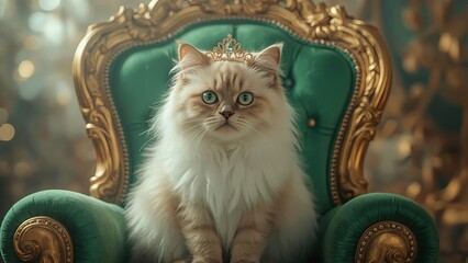 A white, fluffy, adorable cat wearing a crown sits regally on an elegant, luxurious chair, exuding charm, royalty, and a playful sense of feline majesty in a lavish setting	
