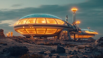 Futuristic Detailed Sci-Fi Habitat Station on Alien Planet Landscape