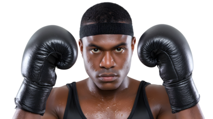 African American boxer in defensive pose with clenched fists, wearing black boxing gear, intense eyes, sweat beads visible, isolated on white