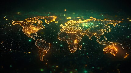 Abstract Glowing World Map with Connected Dots and Lines Network Connection