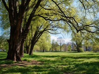 Fototapeta premium A sundappled park featuring large trees with vibrant green foliage casting shadows on a lush grassy field