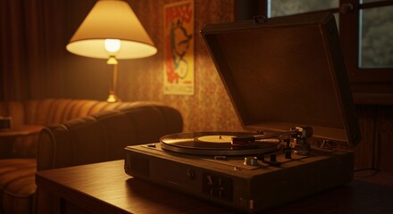 A vintage vinyl record player spinning a jazz album in a moody, retro-lit room