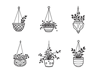 Modern hanging planter sketch in minimalist line art style