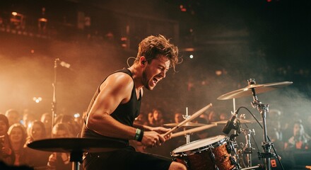A dynamic drummer captured mid-beat during a high-energy live concert