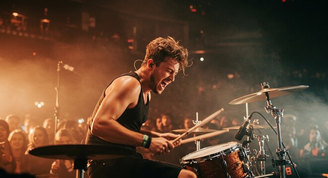 A dynamic drummer captured mid-beat during a high-energy live concert