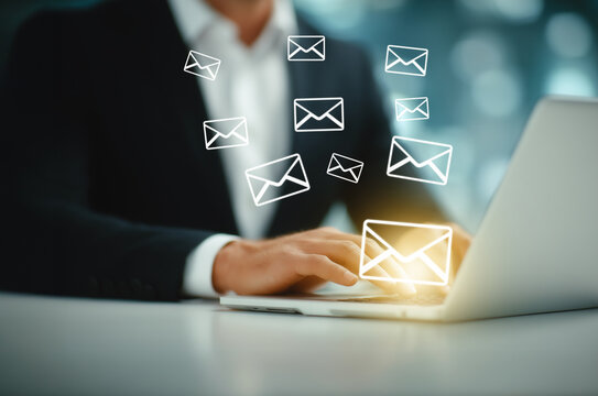 Businessman sending newsletters from laptop with email icons floating in the air. Concept of digital marketing, subscriber engagement, email campaign, and personalized content. generative ai