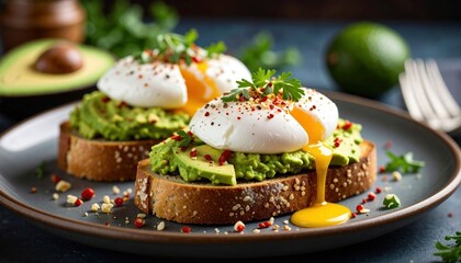 Two avocado toasts topped with poached eggs seasoning and parsley on a plate with a lime and fork in the background