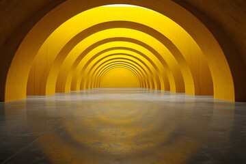 Obraz premium Modern yellow-toned architecture with abstract curved walls. tunnel light.