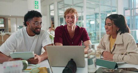 Laptop, university and study group for learning, education or brainstorming thesis. College, team and people on computer for knowledge, help and happy students with assignment solution to pass course - Powered by Adobe