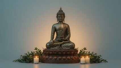 A serene Buddha statue placed against a plain, isolated background, emphasizing its peaceful expression, spiritual symbolism, and tranquil presence in a minimalist setting
