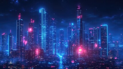 Futuristic Neon Skyline Cityscape At Night with Glowing Building Lights