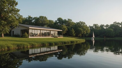Fototapeta premium Elegant luxury modular home situated on the tranquil lakeshore, blending modern architectural design with natural beauty, offering serene views, comfort, sustainability 