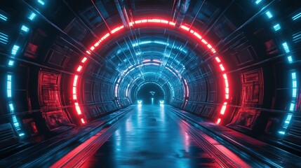 Futuristic Long Corridor with Neon Lights and Sci-Fi Architecture Illustration