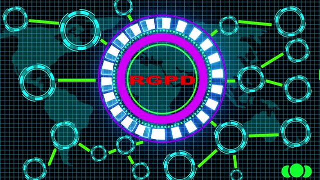 Businessman presses button RGPD general data protection regulation on virtual electronic user web interface Global communication. Maps  digital technology animated background concept.4k video.